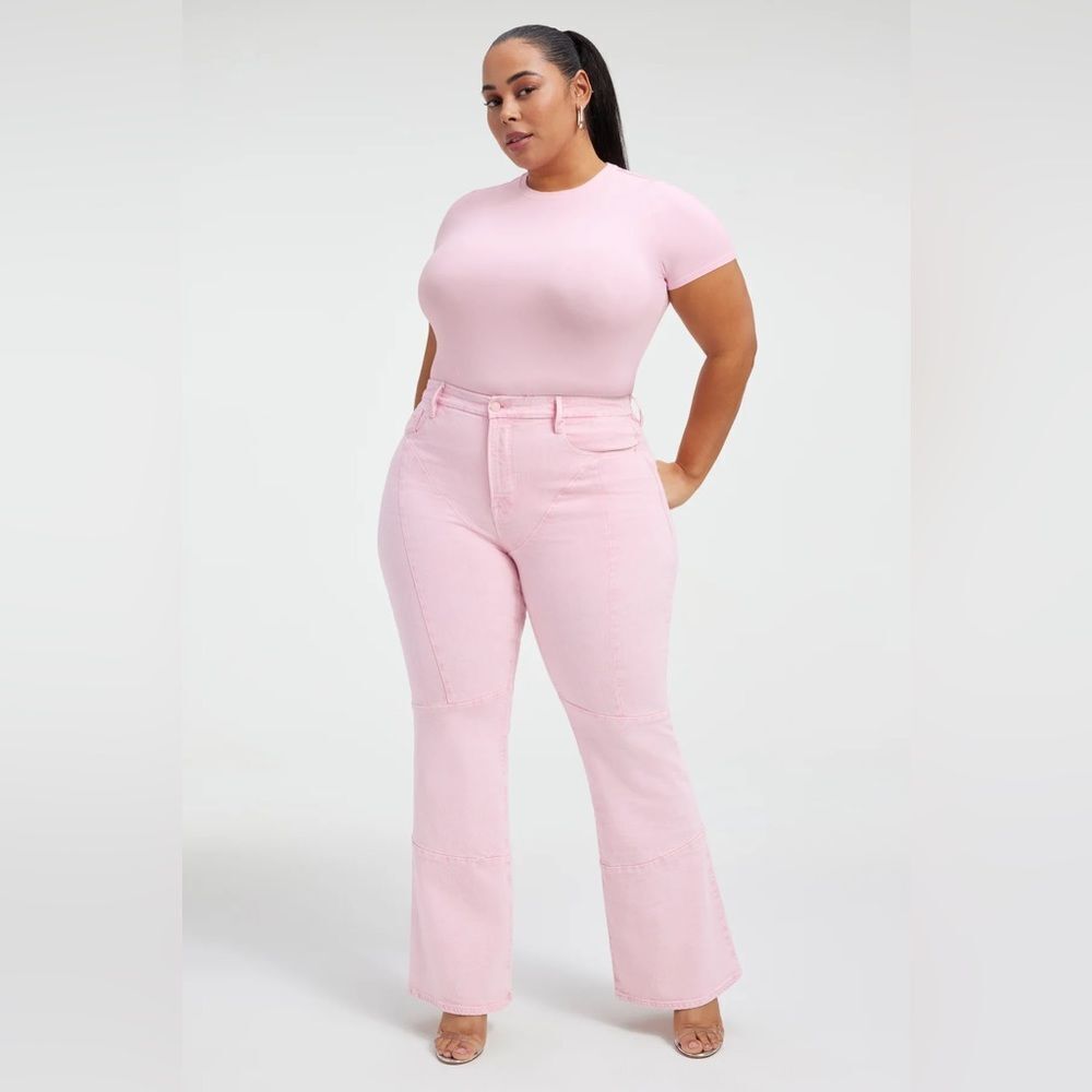 good american good legs flare sculpting jeans in mineral rose quartz pink